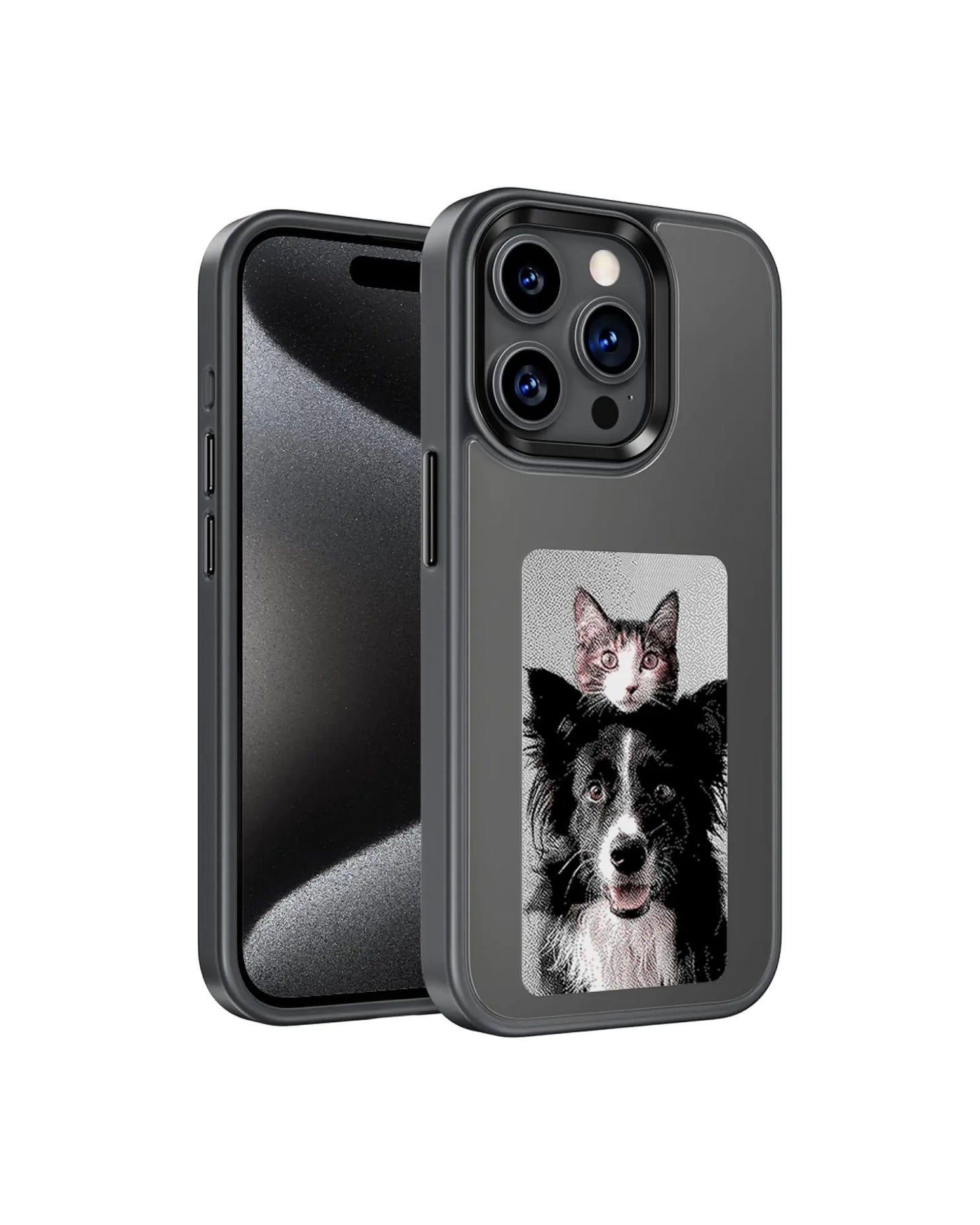 Funda para Teléfono InkPlay con Pantalla E-Ink, Exhibición de Fotos NFC Inalámbrica, Funda Protectora de Teléfono Personalizable, Anti-Caídas y Resistente al Agua, Compatible con iPhone 15 Pro, Color Negro